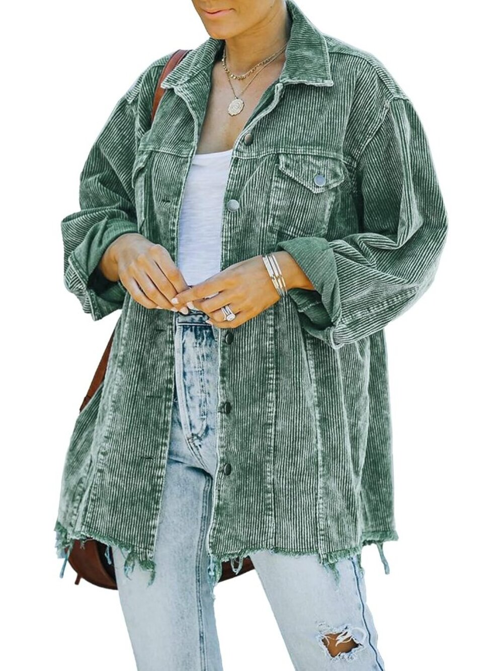 〽️Women's Green Oversized Corduroy Shacket Button Down Shirt Jacket